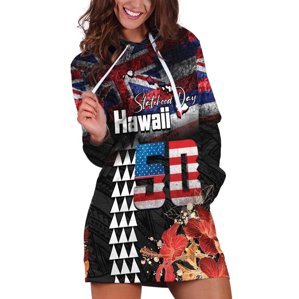 Hawaii Statehood Day Hoodie Dress 50th state of the United States Kakau Tattoos and Hibiscus Grunge LT03 Black - Polynesian Pride