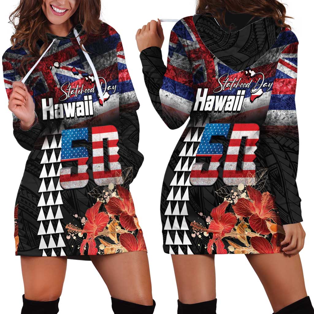 Hawaii Statehood Day Hoodie Dress 50th state of the United States Kakau Tattoos and Hibiscus Grunge LT03 - Polynesian Pride
