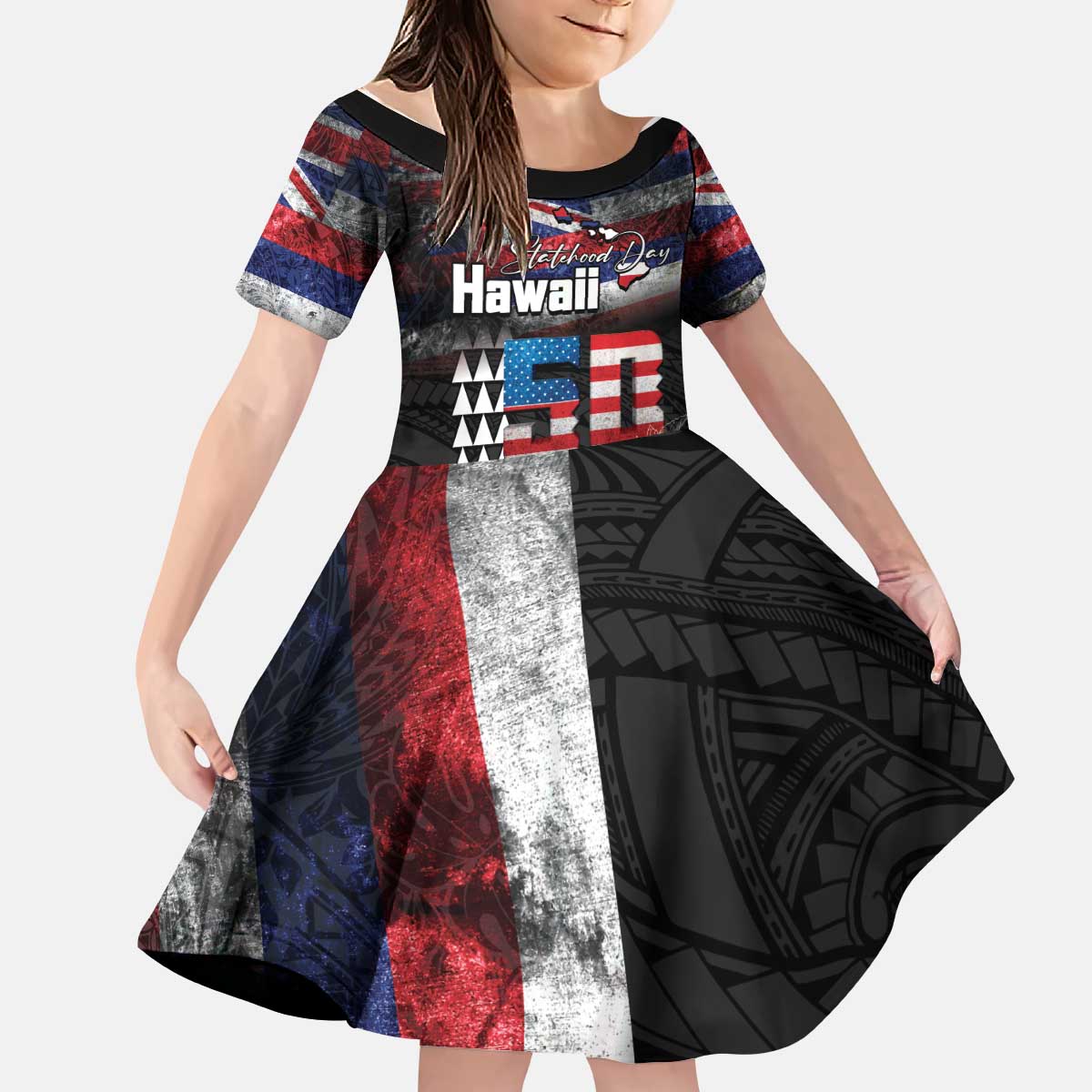 Hawaii Statehood Day Kid Short Sleeve Dress 50th state of the United States Kakau Tattoos and Hibiscus Grunge LT03 KID Black - Polynesian Pride