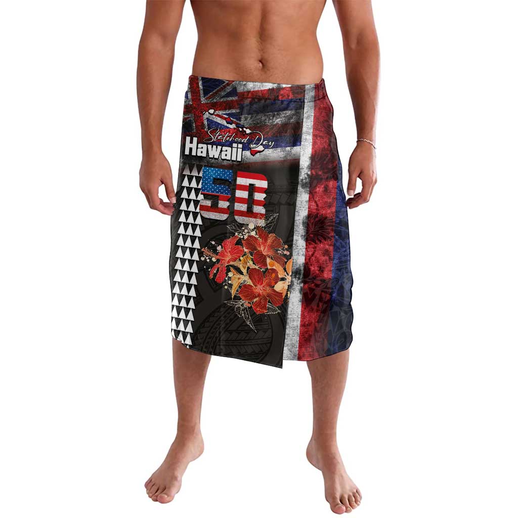 Hawaii Statehood Day Lavalava 50th state of the United States Kakau Tattoos and Hibiscus Grunge LT03 Black - Polynesian Pride