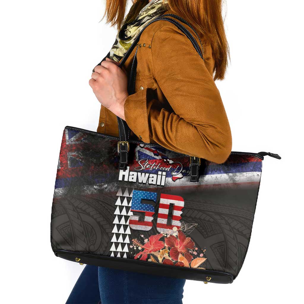 Hawaii Statehood Day Leather Tote Bag 50th state of the United States Kakau Tattoos and Hibiscus Grunge - Polynesian Pride