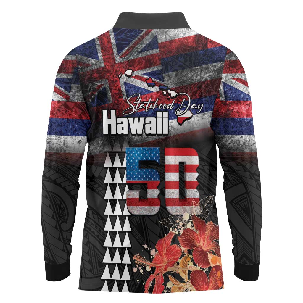 Hawaii Statehood Day Long Sleeve Polo Shirt 50th state of the United States Kakau Tattoos and Hibiscus Grunge LT03 - Polynesian Pride