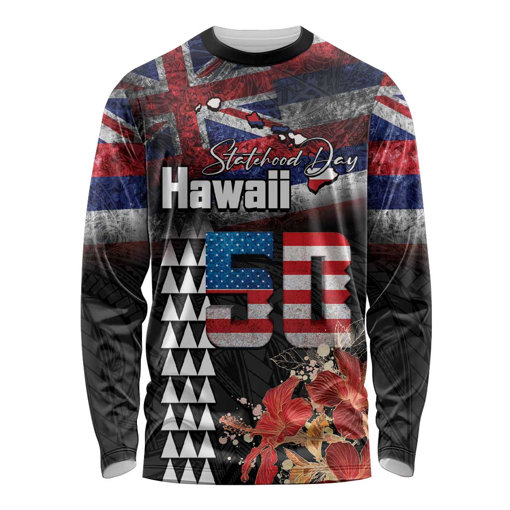 Hawaii Statehood Day Long Sleeve Shirt 50th state of the United States Kakau Tattoos and Hibiscus Grunge LT03 Unisex Black - Polynesian Pride