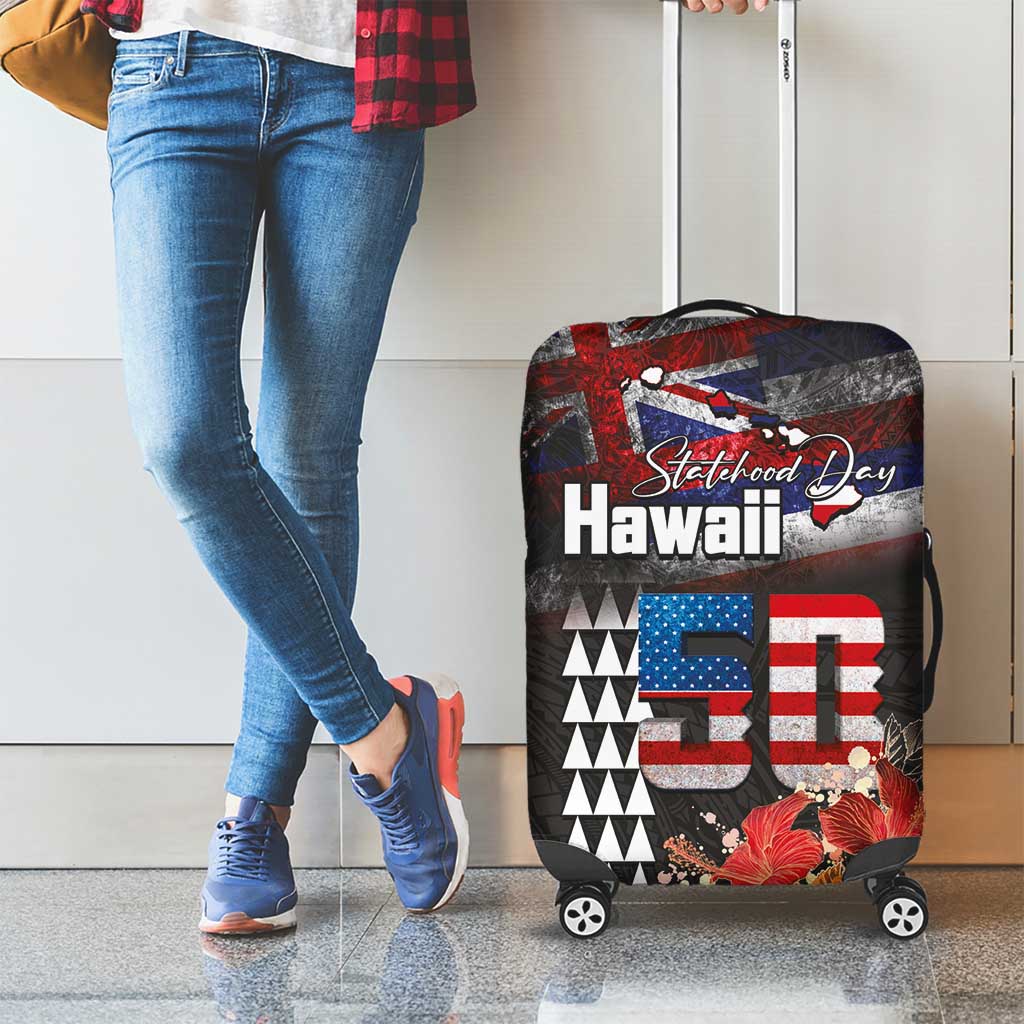 Hawaii Statehood Day Luggage Cover 50th state of the United States Kakau Tattoos and Hibiscus Grunge LT03 - Polynesian Pride
