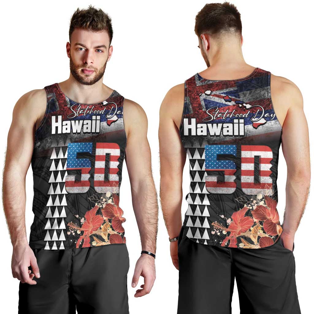 Hawaii Statehood Day Men Tank Top 50th state of the United States Kakau Tattoos and Hibiscus Grunge LT03 - Polynesian Pride