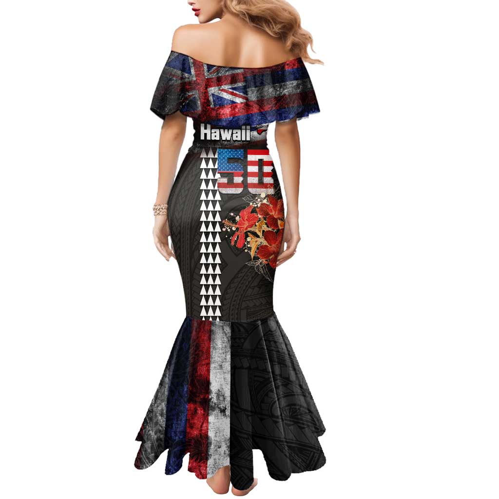 Hawaii Statehood Day Mermaid Dress 50th state of the United States Kakau Tattoos and Hibiscus Grunge LT03 - Polynesian Pride