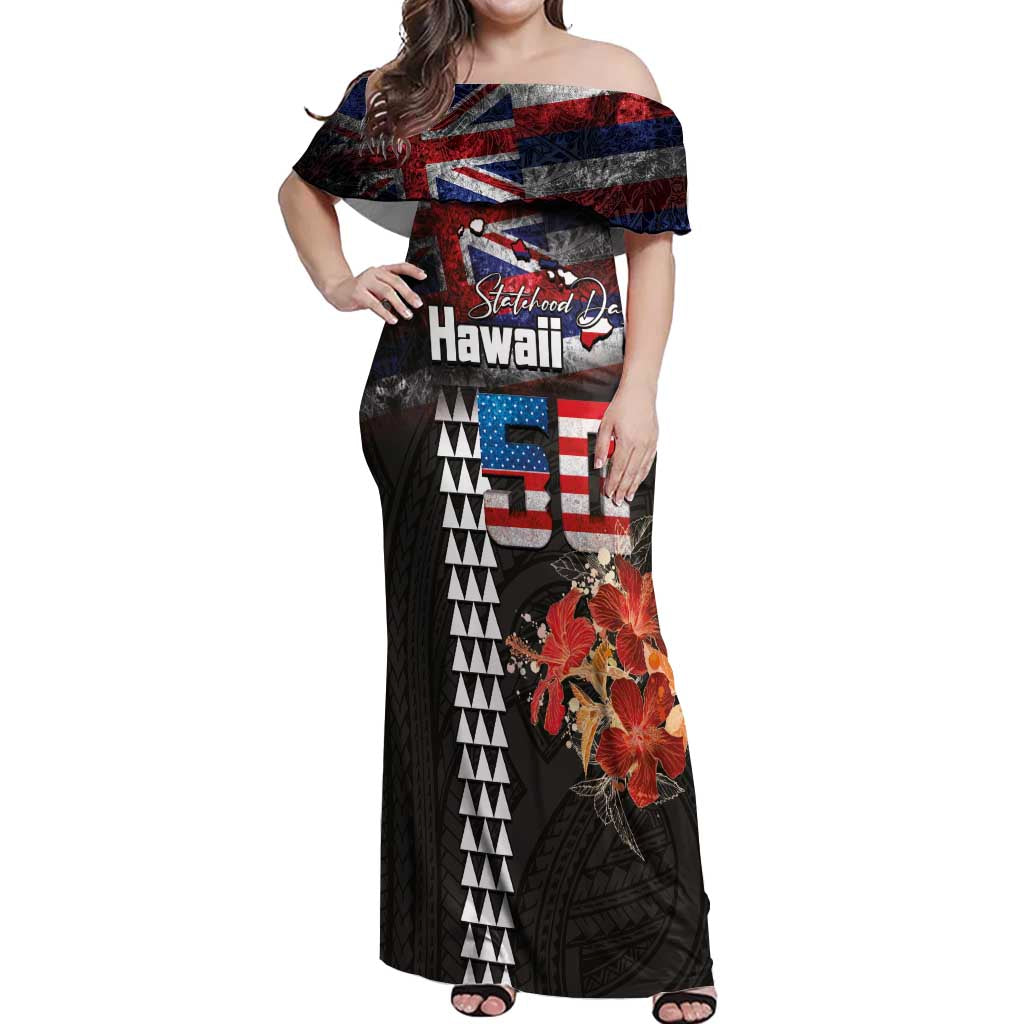 Hawaii Statehood Day Off Shoulder Maxi Dress 50th state of the United States Kakau Tattoos and Hibiscus Grunge LT03 Women Black - Polynesian Pride
