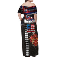 Hawaii Statehood Day Off Shoulder Maxi Dress 50th state of the United States Kakau Tattoos and Hibiscus Grunge LT03 - Polynesian Pride