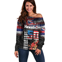 Hawaii Statehood Day Off Shoulder Sweater 50th state of the United States Kakau Tattoos and Hibiscus Grunge LT03 Women Black - Polynesian Pride