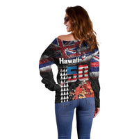 Hawaii Statehood Day Off Shoulder Sweater 50th state of the United States Kakau Tattoos and Hibiscus Grunge LT03 - Polynesian Pride