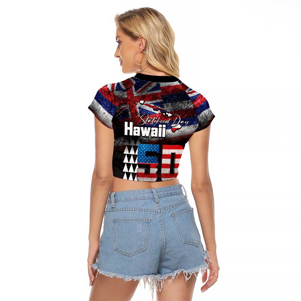 Hawaii Statehood Day Raglan Cropped T Shirt 50th state of the United States Kakau Tattoos and Hibiscus Grunge LT03 - Polynesian Pride
