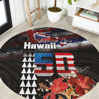 Hawaii Statehood Day Round Carpet 50th state of the United States Kakau Tattoos and Hibiscus Grunge LT03 Black - Polynesian Pride