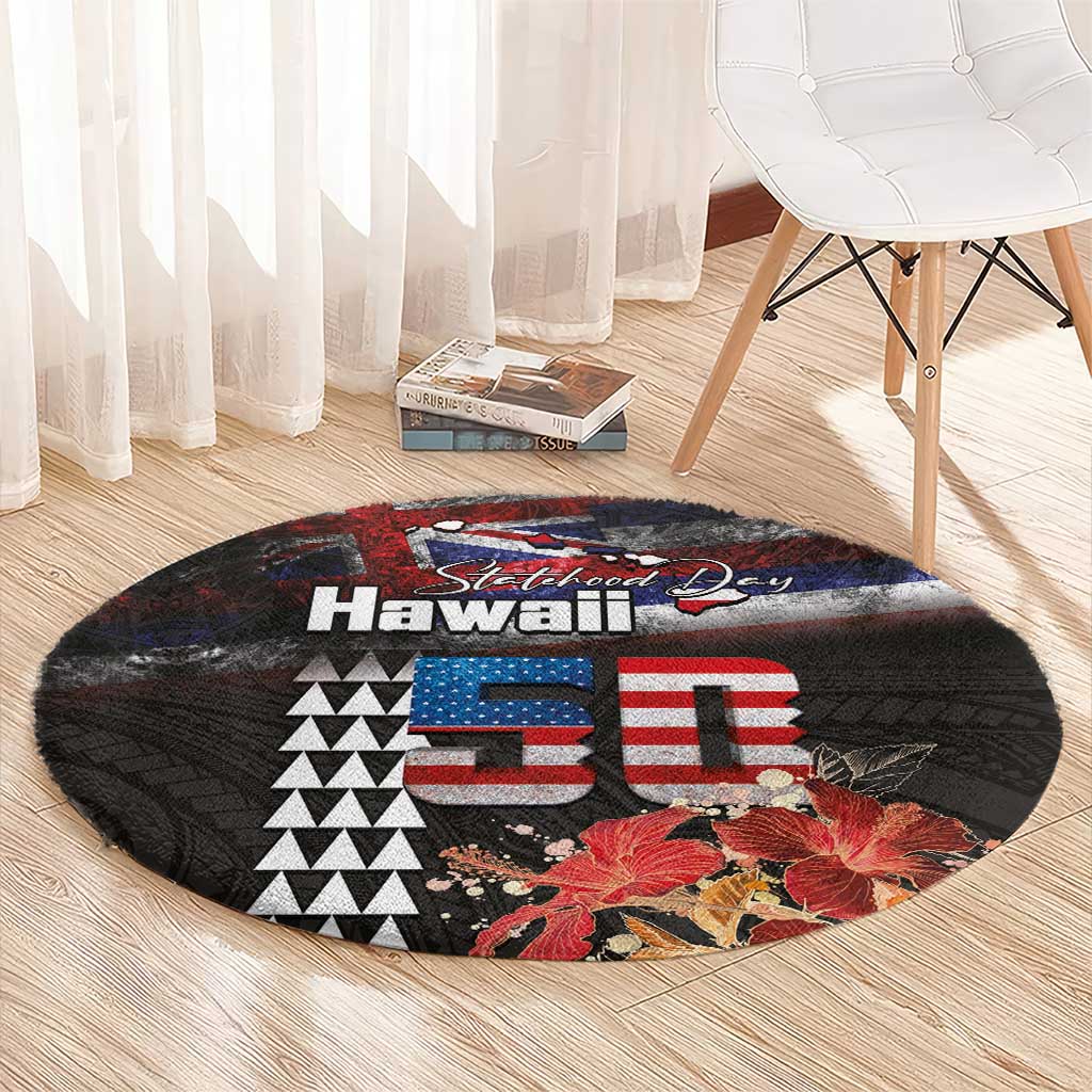 Hawaii Statehood Day Round Carpet 50th state of the United States Kakau Tattoos and Hibiscus Grunge LT03 - Polynesian Pride