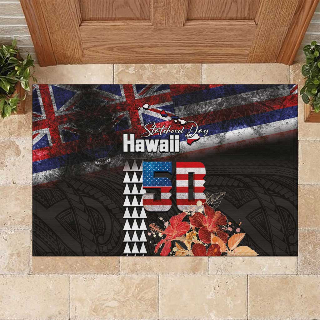 Hawaii Statehood Day Rubber Doormat 50th state of the United States Kakau Tattoos and Hibiscus Grunge LT03 Black - Polynesian Pride