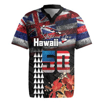 Hawaii Statehood Day Rugby Jersey 50th state of the United States Kakau Tattoos and Hibiscus Grunge LT03 Black - Polynesian Pride