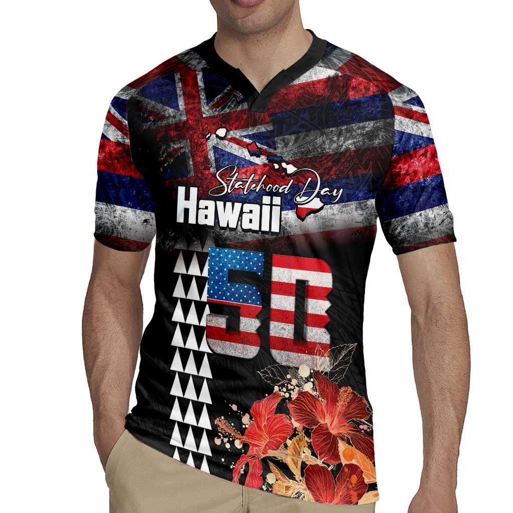 Hawaii Statehood Day Rugby Jersey 50th state of the United States Kakau Tattoos and Hibiscus Grunge LT03 - Polynesian Pride