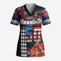 Hawaii Statehood Day Scrub Top 50th state of the United States Kakau Tattoos and Hibiscus Grunge LT03 Adult Black - Polynesian Pride