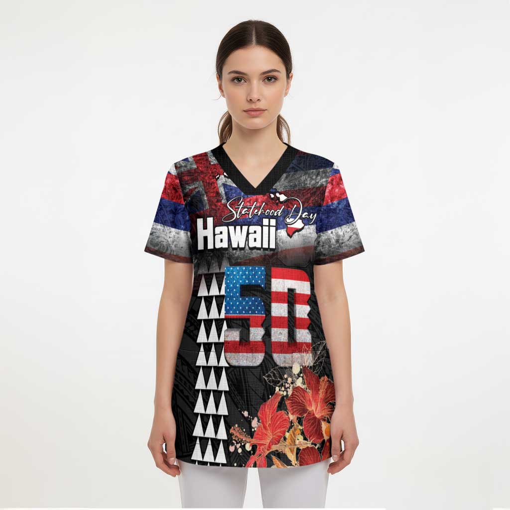 Hawaii Statehood Day Scrub Top 50th state of the United States Kakau Tattoos and Hibiscus Grunge LT03 - Polynesian Pride