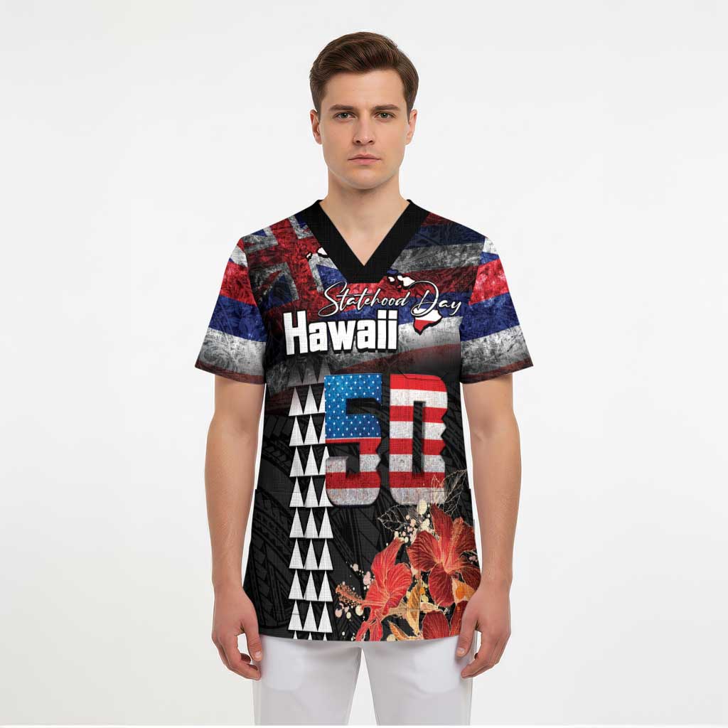 Hawaii Statehood Day Scrub Top 50th state of the United States Kakau Tattoos and Hibiscus Grunge LT03 - Polynesian Pride