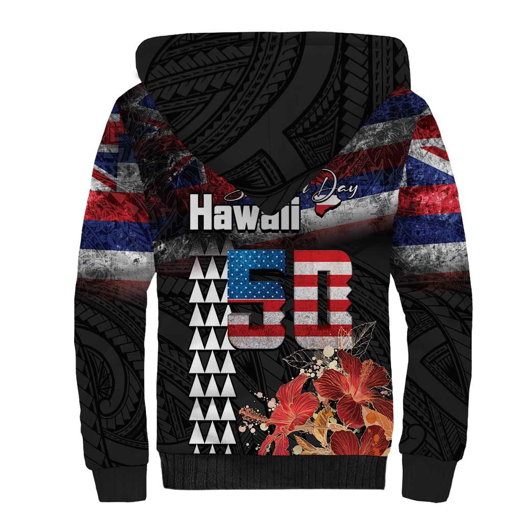 Hawaii Statehood Day Sherpa Hoodie 50th state of the United States Kakau Tattoos and Hibiscus Grunge LT03 - Polynesian Pride