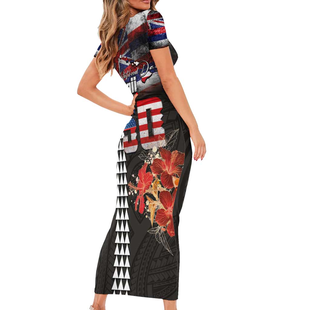 Hawaii Statehood Day Short Sleeve Bodycon Dress 50th state of the United States Kakau Tattoos and Hibiscus Grunge LT03 - Polynesian Pride