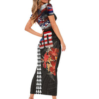 Hawaii Statehood Day Short Sleeve Bodycon Dress 50th state of the United States Kakau Tattoos and Hibiscus Grunge LT03 - Polynesian Pride