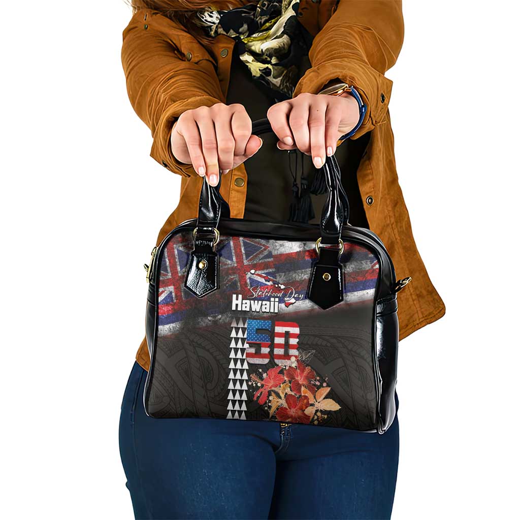 Hawaii Statehood Day Shoulder Handbag 50th state of the United States Kakau Tattoos and Hibiscus Grunge - Polynesian Pride