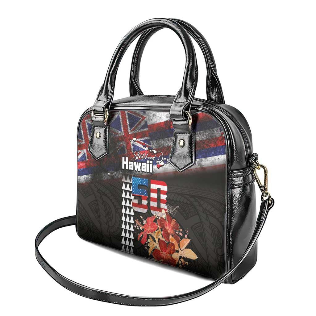 Hawaii Statehood Day Shoulder Handbag 50th state of the United States Kakau Tattoos and Hibiscus Grunge LT03 - Polynesian Pride