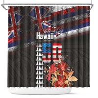 Hawaii Statehood Day Shower Curtain 50th state of the United States Kakau Tattoos and Hibiscus Grunge LT03 Black - Polynesian Pride