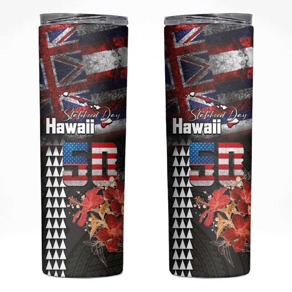 Hawaii Statehood Day Skinny Tumbler 50th state of the United States Kakau Tattoos and Hibiscus Grunge LT03 Black - Polynesian Pride