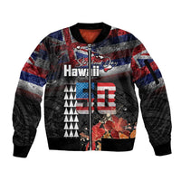 Hawaii Statehood Day Sleeve Zip Bomber Jacket 50th state of the United States Kakau Tattoos and Hibiscus Grunge LT03 Unisex Black - Polynesian Pride