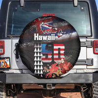 Hawaii Statehood Day Spare Tire Cover 50th state of the United States Kakau Tattoos and Hibiscus Grunge LT03 Black - Polynesian Pride