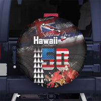Hawaii Statehood Day Spare Tire Cover 50th state of the United States Kakau Tattoos and Hibiscus Grunge LT03 No hole Black - Polynesian Pride