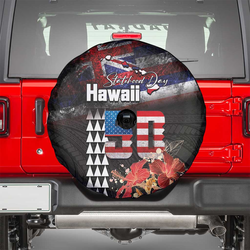 Hawaii Statehood Day Spare Tire Cover 50th state of the United States Kakau Tattoos and Hibiscus Grunge LT03 - Polynesian Pride