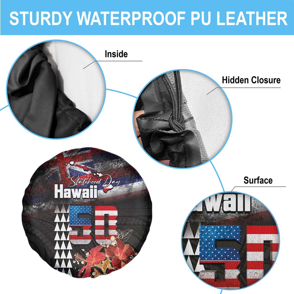 Hawaii Statehood Day Spare Tire Cover 50th state of the United States Kakau Tattoos and Hibiscus Grunge LT03 - Polynesian Pride