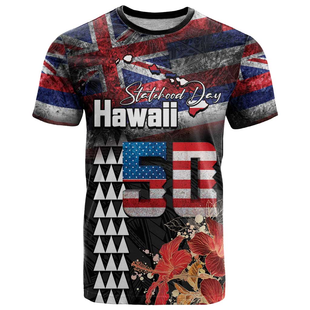 Hawaii Statehood Day T Shirt 50th state of the United States Kakau Tattoos and Hibiscus Grunge LT03 Black - Polynesian Pride