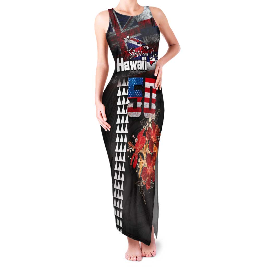 Hawaii Statehood Day Tank Maxi Dress 50th state of the United States Kakau Tattoos and Hibiscus Grunge LT03 Women Black - Polynesian Pride