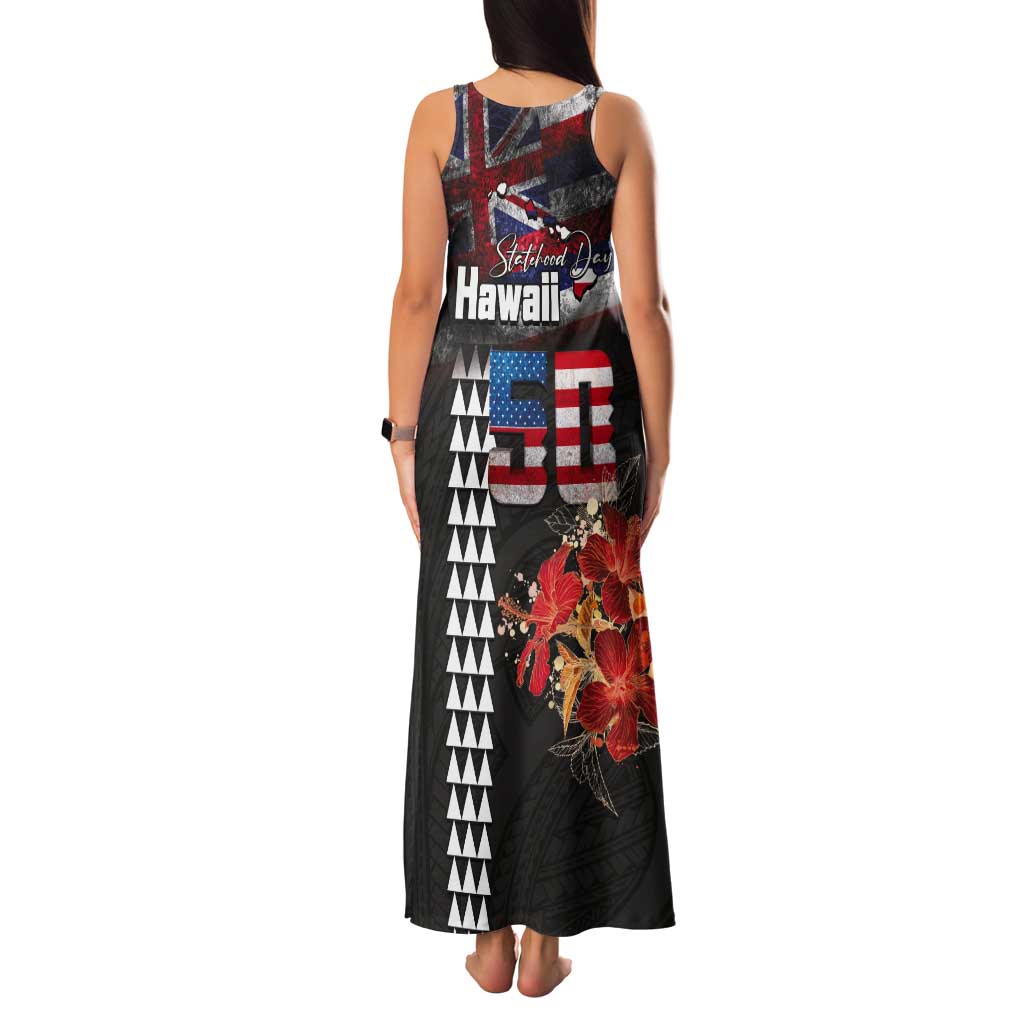 Hawaii Statehood Day Tank Maxi Dress 50th state of the United States Kakau Tattoos and Hibiscus Grunge LT03 - Polynesian Pride