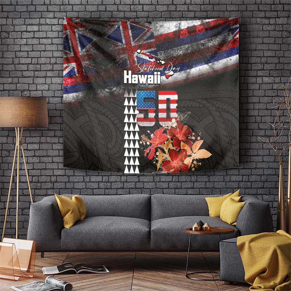 Hawaii Statehood Day Tapestry 50th state of the United States Kakau Tattoos and Hibiscus Grunge LT03 Black - Polynesian Pride