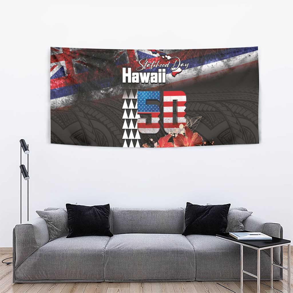 Hawaii Statehood Day Tapestry 50th state of the United States Kakau Tattoos and Hibiscus Grunge LT03 - Polynesian Pride