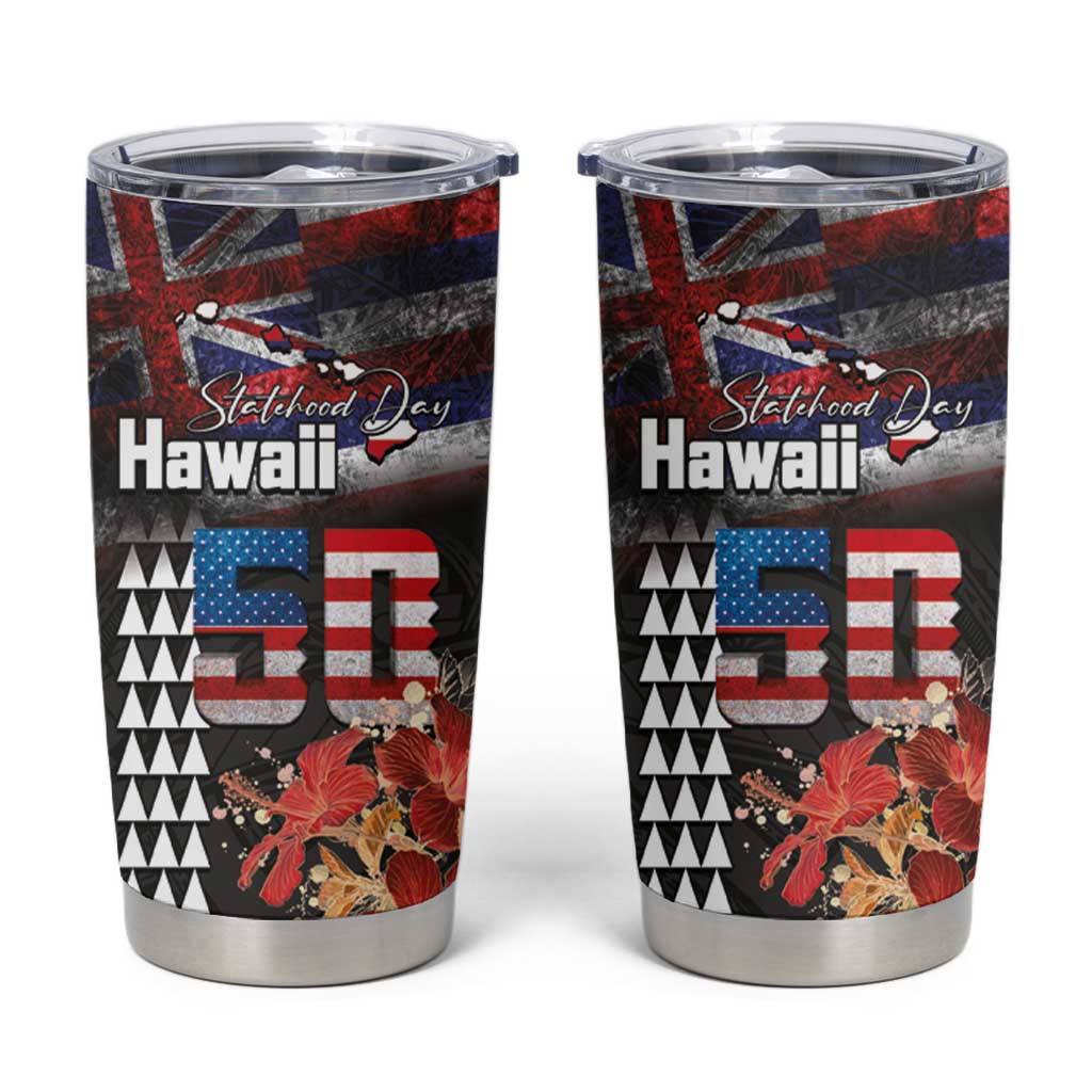 Hawaii Statehood Day Tumbler Cup 50th state of the United States Kakau Tattoos and Hibiscus Grunge LT03 Black - Polynesian Pride