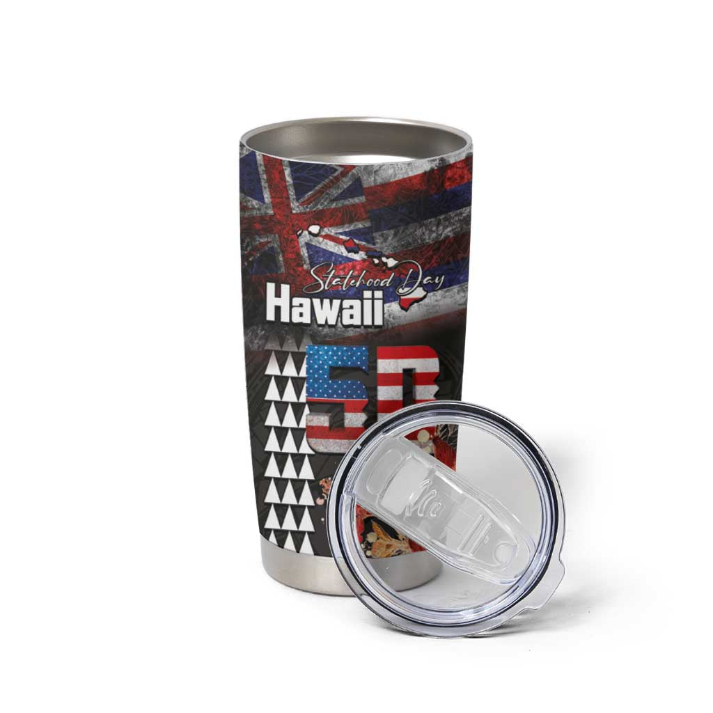 Hawaii Statehood Day Tumbler Cup 50th state of the United States Kakau Tattoos and Hibiscus Grunge LT03 - Polynesian Pride