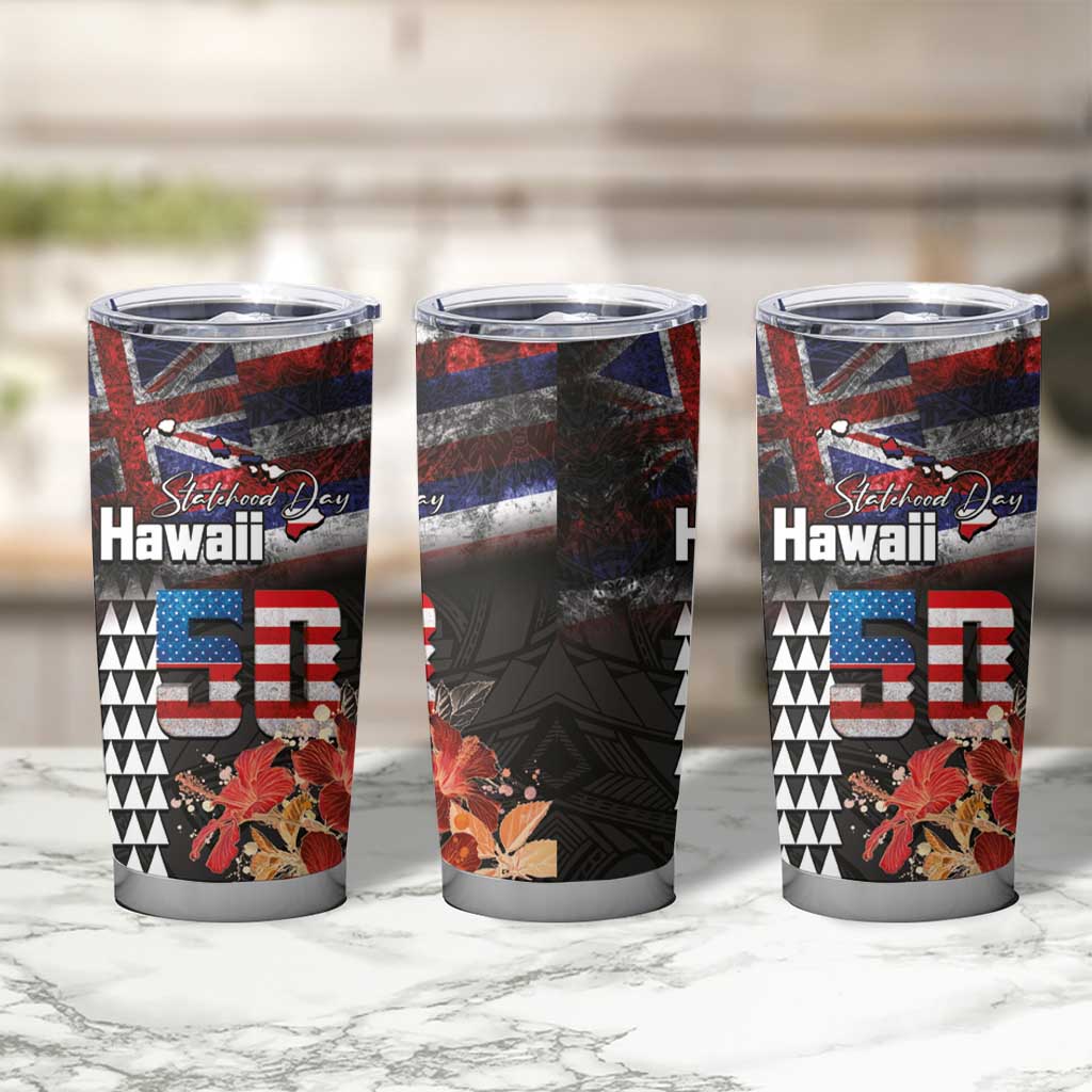 Hawaii Statehood Day Tumbler Cup 50th state of the United States Kakau Tattoos and Hibiscus Grunge LT03 - Polynesian Pride