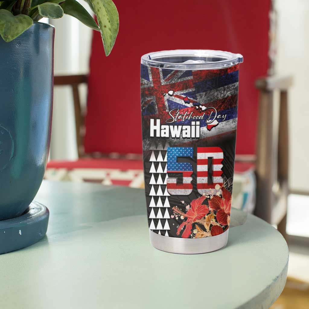 Hawaii Statehood Day Tumbler Cup 50th state of the United States Kakau Tattoos and Hibiscus Grunge LT03 - Polynesian Pride