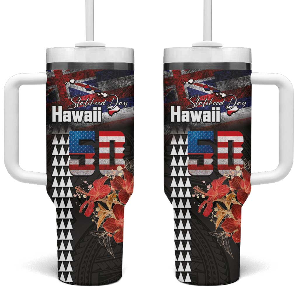 Hawaii Statehood Day Tumbler With Handle 50th state of the United States Kakau Tattoos and Hibiscus Grunge LT03 One Size: 40 oz Black - Polynesian Pride