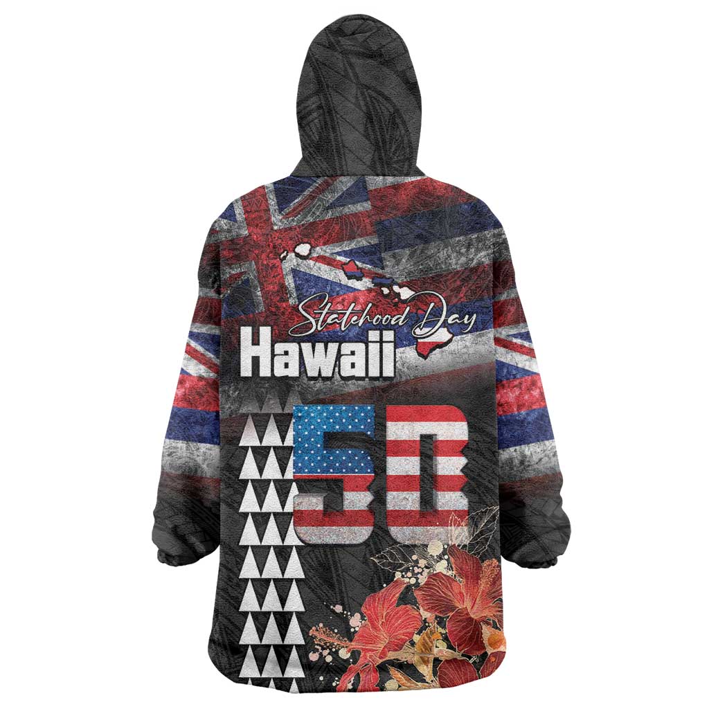 Hawaii Statehood Day Wearable Blanket Hoodie 50th state of the United States Kakau Tattoos and Hibiscus Grunge LT03 - Polynesian Pride