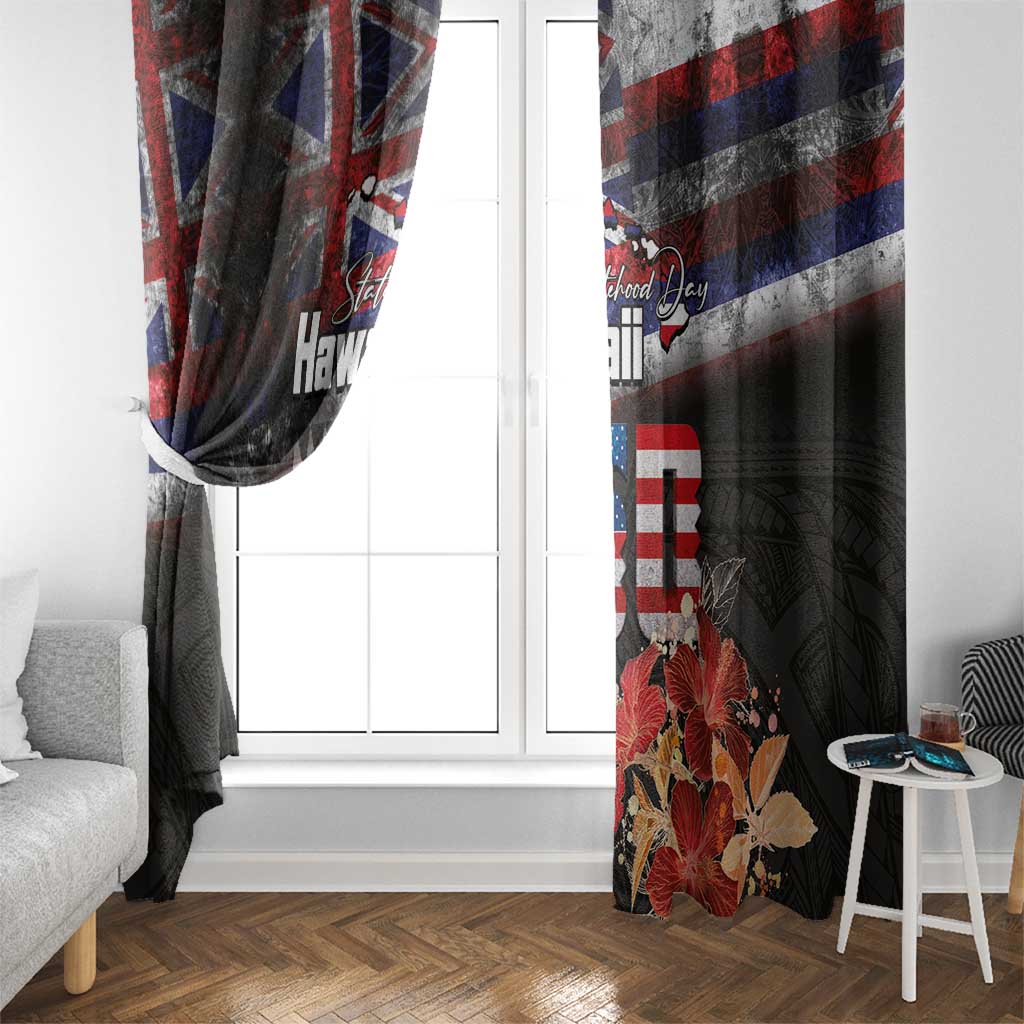 Hawaii Statehood Day Window Curtain 50th state of the United States Kakau Tattoos and Hibiscus Grunge LT03 - Polynesian Pride