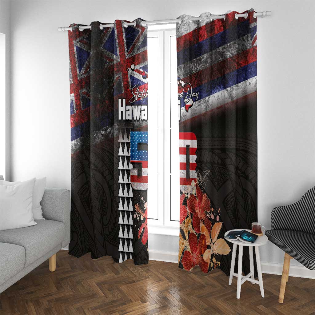 Hawaii Statehood Day Window Curtain 50th state of the United States Kakau Tattoos and Hibiscus Grunge LT03 With Grommets Black - Polynesian Pride
