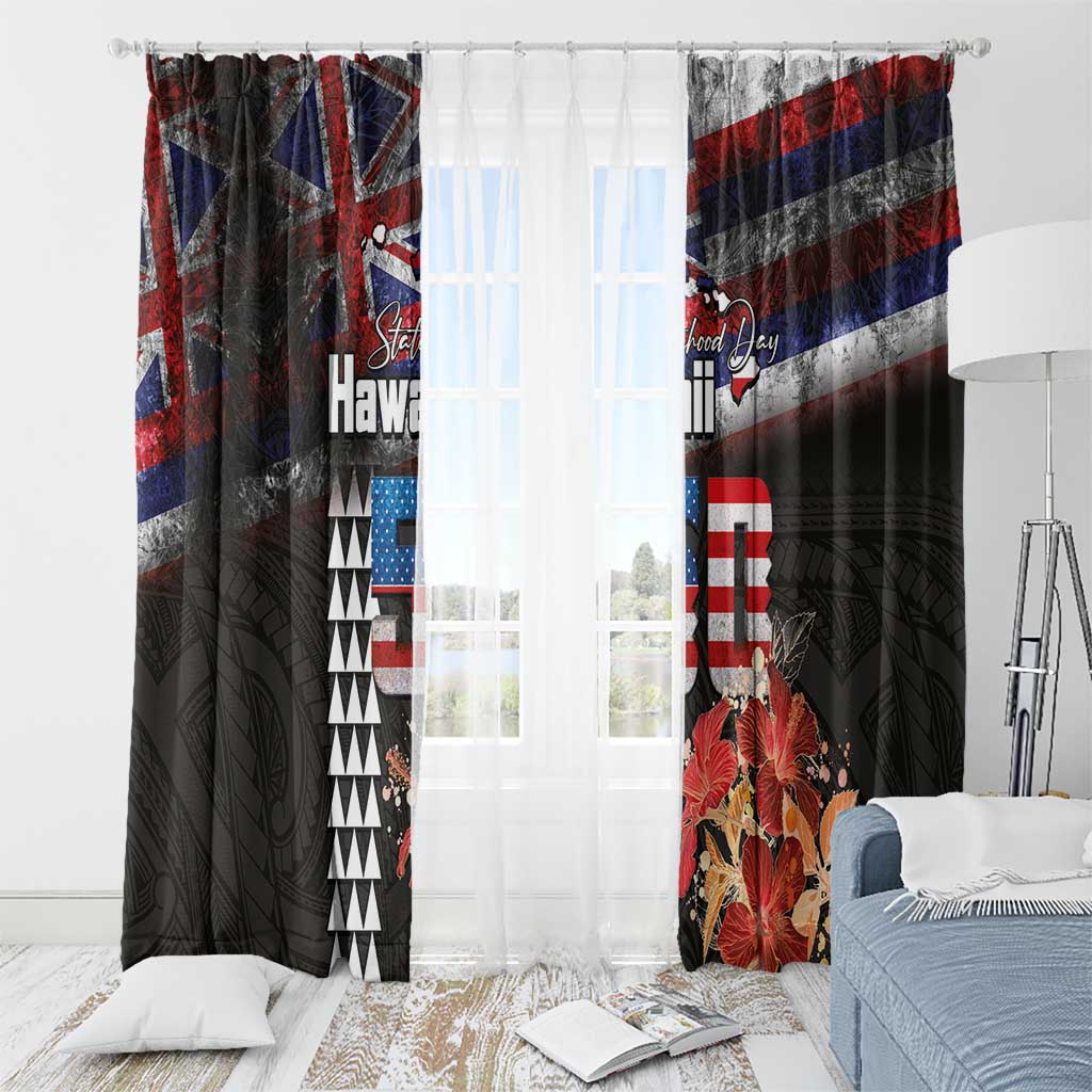 Hawaii Statehood Day Window Curtain 50th state of the United States Kakau Tattoos and Hibiscus Grunge LT03 - Polynesian Pride