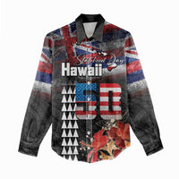 Hawaii Statehood Day Women Casual Shirt 50th state of the United States Kakau Tattoos and Hibiscus Grunge - Polynesian Pride